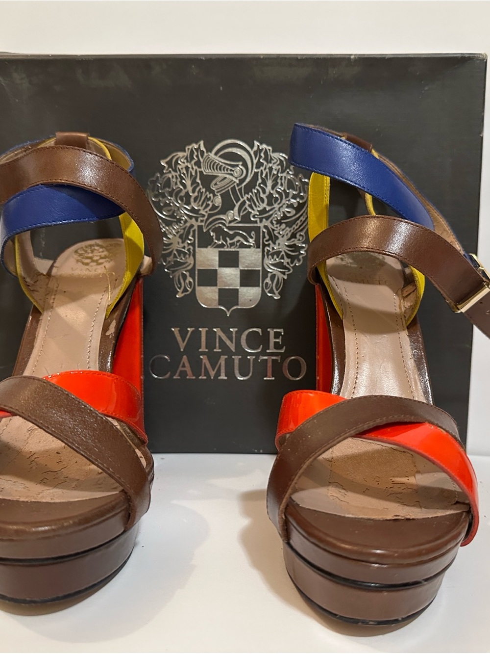 Vince Camuto Brown, Red, Blue & Yellow Colorblock Platform Sandals